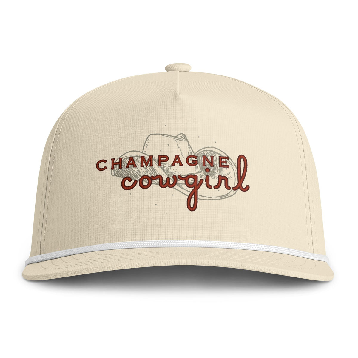 Sunwashed Rope Cap — "Champagne Cowgirl" Embroidered Trucker Hat