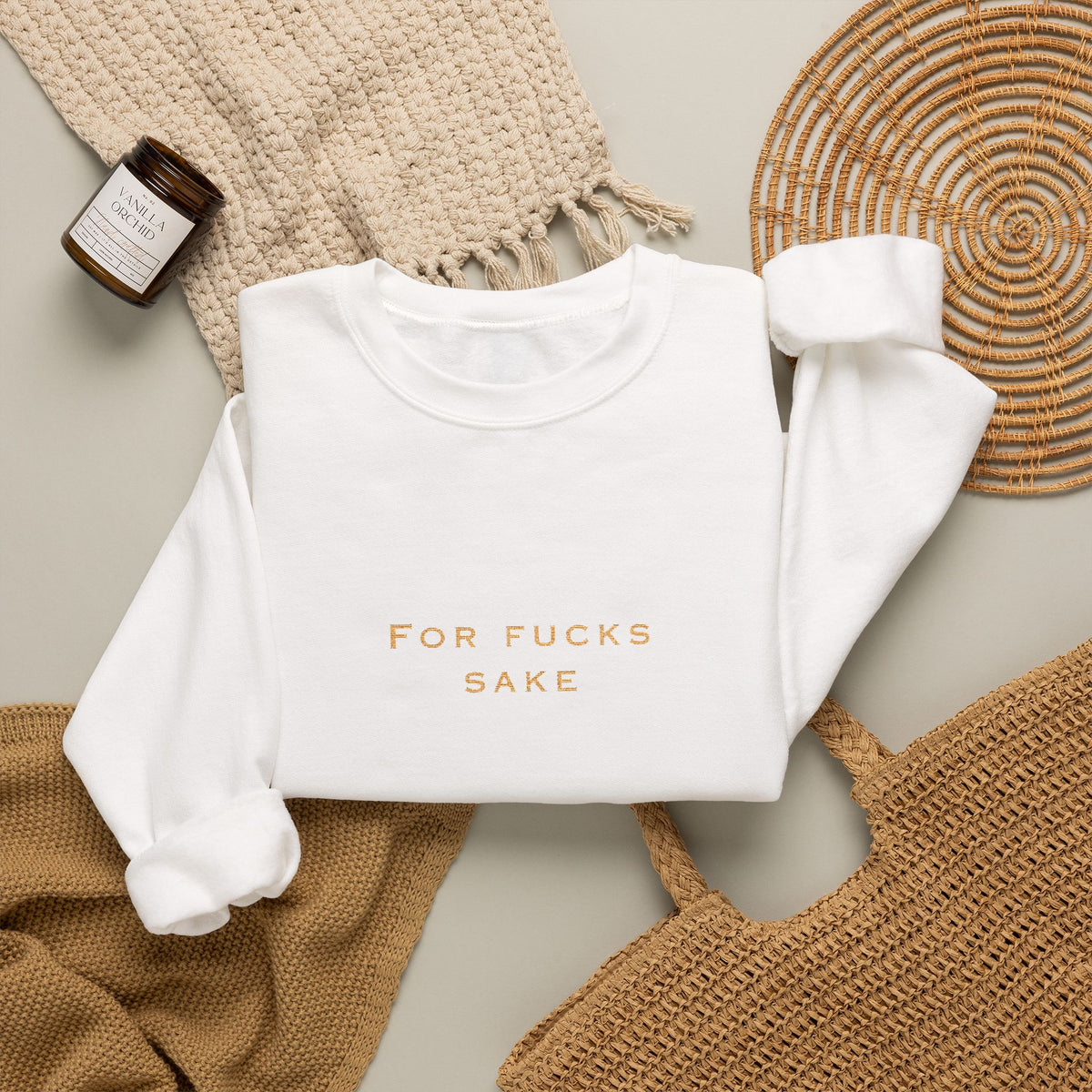 Crewneck Sweatshirt — 'For Fucks Sake' Minimalist Gold Text