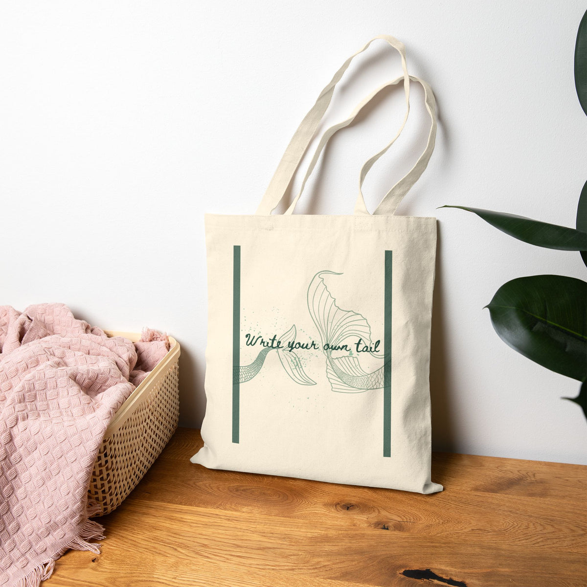 Canvas Tote Bag — Minimal Green Line Art "Write your own tale" Eco Shopping Bag
