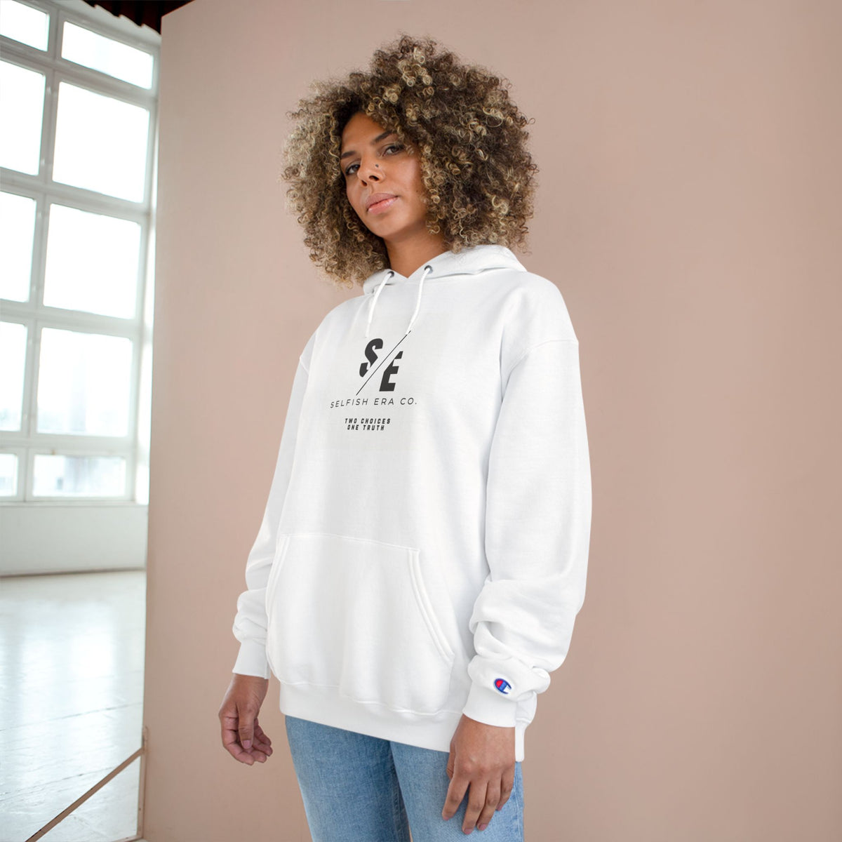 Champion Hoodie — Minimalist 'Selfish Era Co.' Logo Pullover