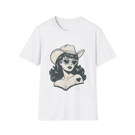 Cowgirl Pinup T-Shirt — Retro Heart Sunglasses Graphic