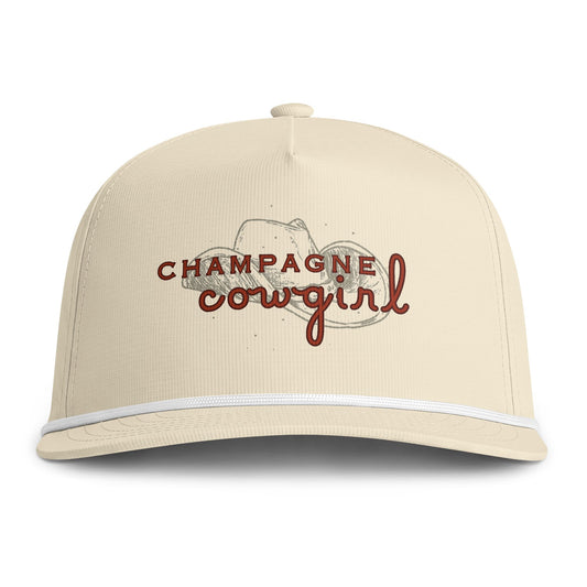 Sunwashed Rope Cap — "Champagne Cowgirl" Embroidered Trucker Hat