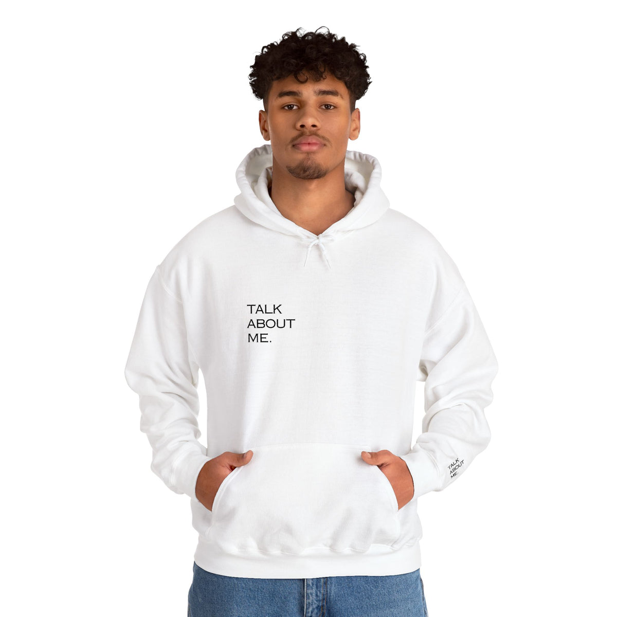 Talk About Me Hoodie — Minimal White Graphic Hooded Sweatshirt