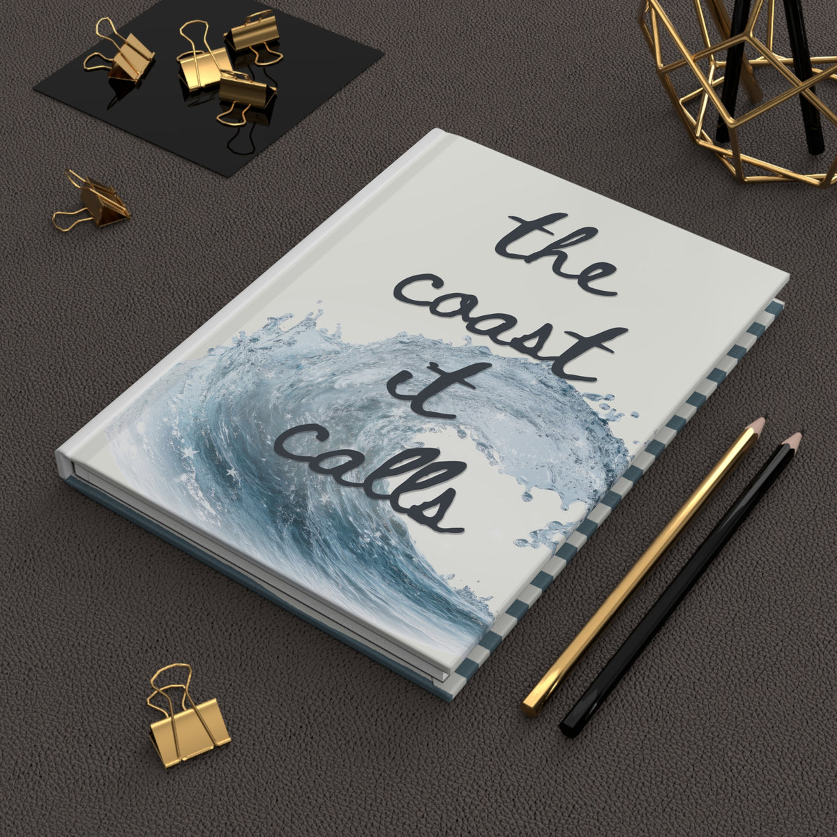 Hardcover Journal – “The Coast It Calls” Nautical Wave Notebook (Striped Back)