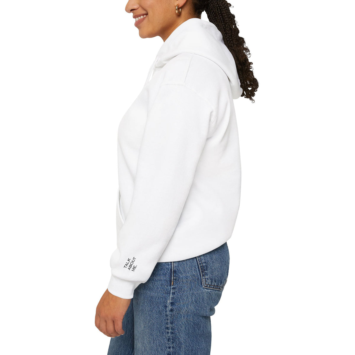 Talk About Me Hoodie — Minimal White Graphic Hooded Sweatshirt