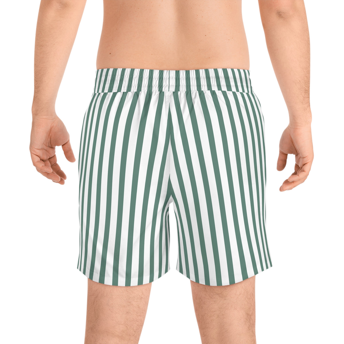 C&C Striped Green & White Swim Shorts — Men's Mid-Length Beach Trunks