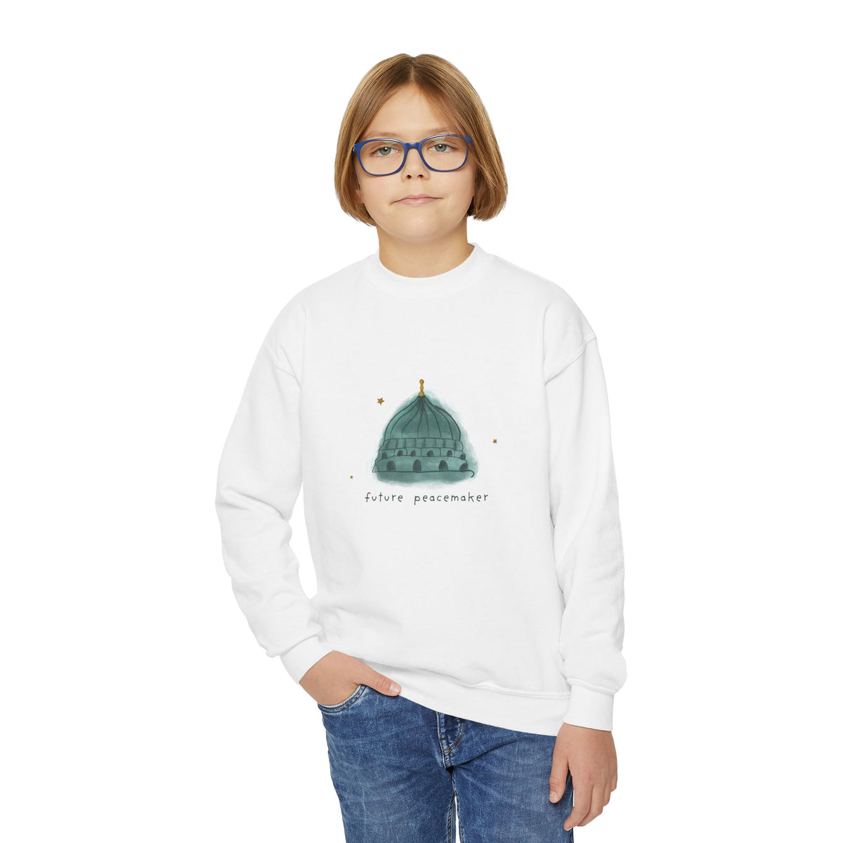 Youth Crewneck Sweatshirt — 'Future Peacemaker' Dome Graphic Kids Sweatshirt