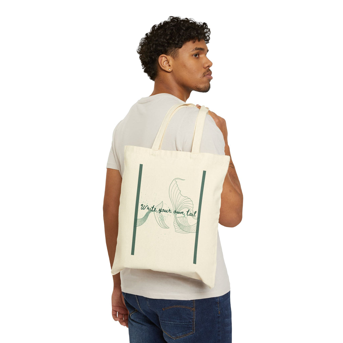 Canvas Tote Bag — Minimal Green Line Art "Write your own tale" Eco Shopping Bag