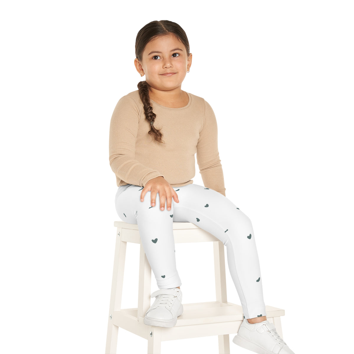 Kids Heart Print Leggings — White All-Over Pattern