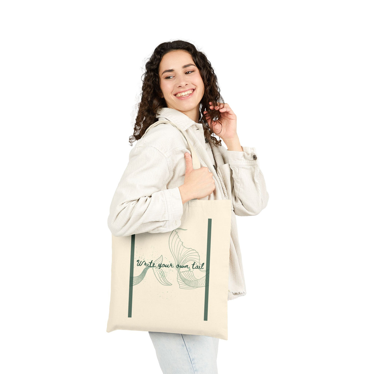 Canvas Tote Bag — Minimal Green Line Art "Write your own tale" Eco Shopping Bag