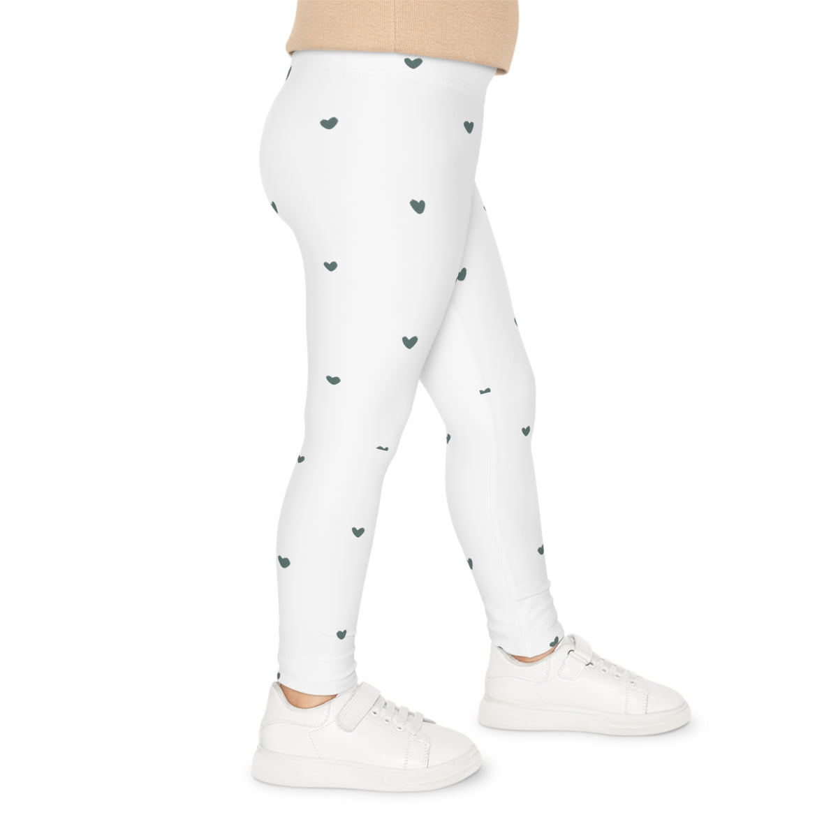 Kids Heart Print Leggings — White All-Over Pattern