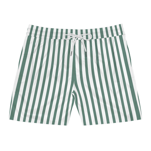C&C Striped Green & White Swim Shorts — Men's Mid-Length Beach Trunks