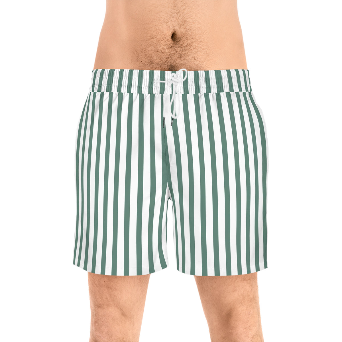 C&C Striped Green & White Swim Shorts — Men's Mid-Length Beach Trunks